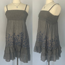 Boho Mini Dress Size Medium Gray Blue Floral Embroidered Babydoll Fairy Cottage