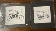 (2) Signed NARA Thai Art Print Watercolor Style Taxi Tuk Tuk Asian Ink Thailand