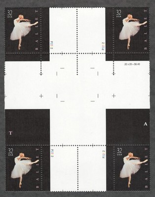 US. 3237. 32c. American Ballet. PB4 w/Cross Gutter. MNH. 1998