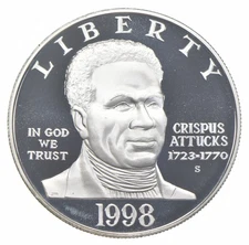 1998-S Proof Black Patriots Crispus  Commemorative Silver Dollar $1