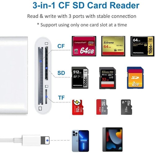 3 in 1 For IPhone to CF Adapter Trail Game Camera Viewer Card Reader SD/CF/TF - Picture 2 of 8