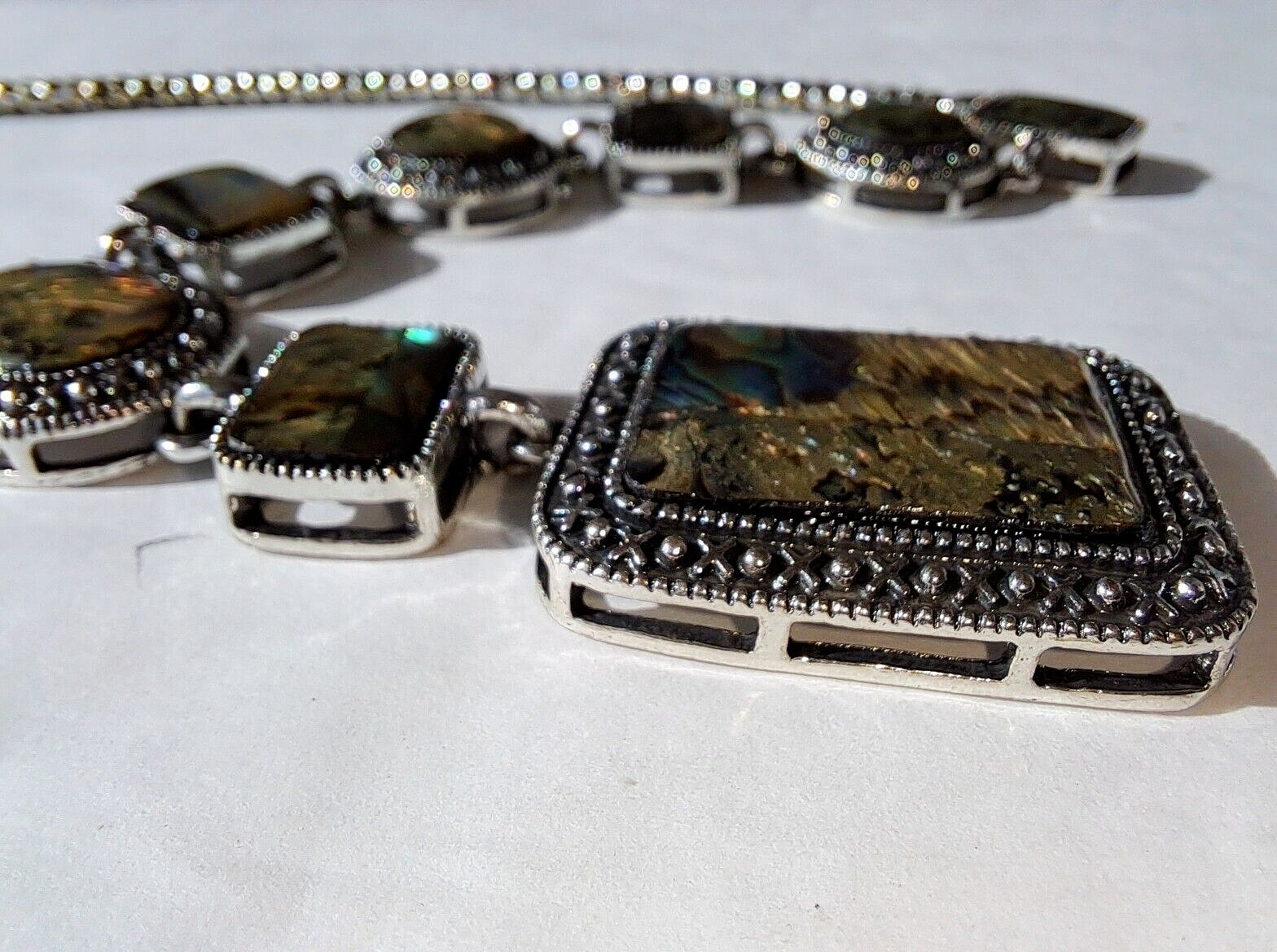 Multi Rectangle Square Abalone Pendant Silver Ton… - image 3