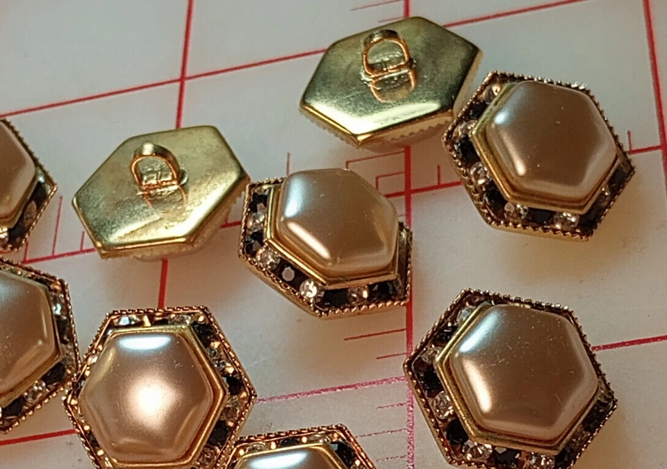 5 Fine Vintage Czech Shank Button Hexagon Pearl Tiny Rhinestones Clear Blue 3/4" - Image 4 of 4