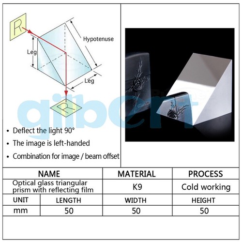 50x50x50mm Optical Glass Triangular Lsosceles K9 Prism With Reflecting Film - Picture 2 of 6