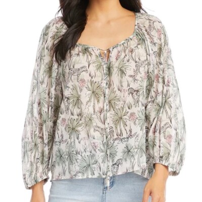Bella Tu Sz XS 100% Linen Blouse Shirt Top Embroidered Puff Sleeve Blue Peasant