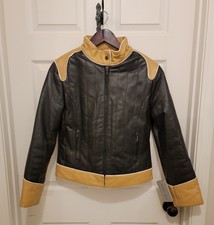 Women's Black Tan Leather Moto Jacket Sz M/l Biker Rocker Sexy! Nwt Read