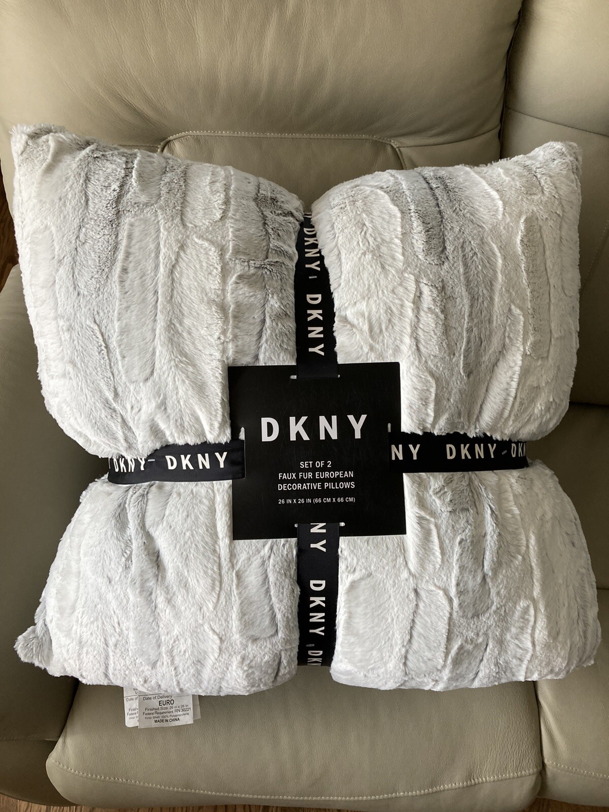 2 DKNY Faux Fur Euro Decorative Pillow 