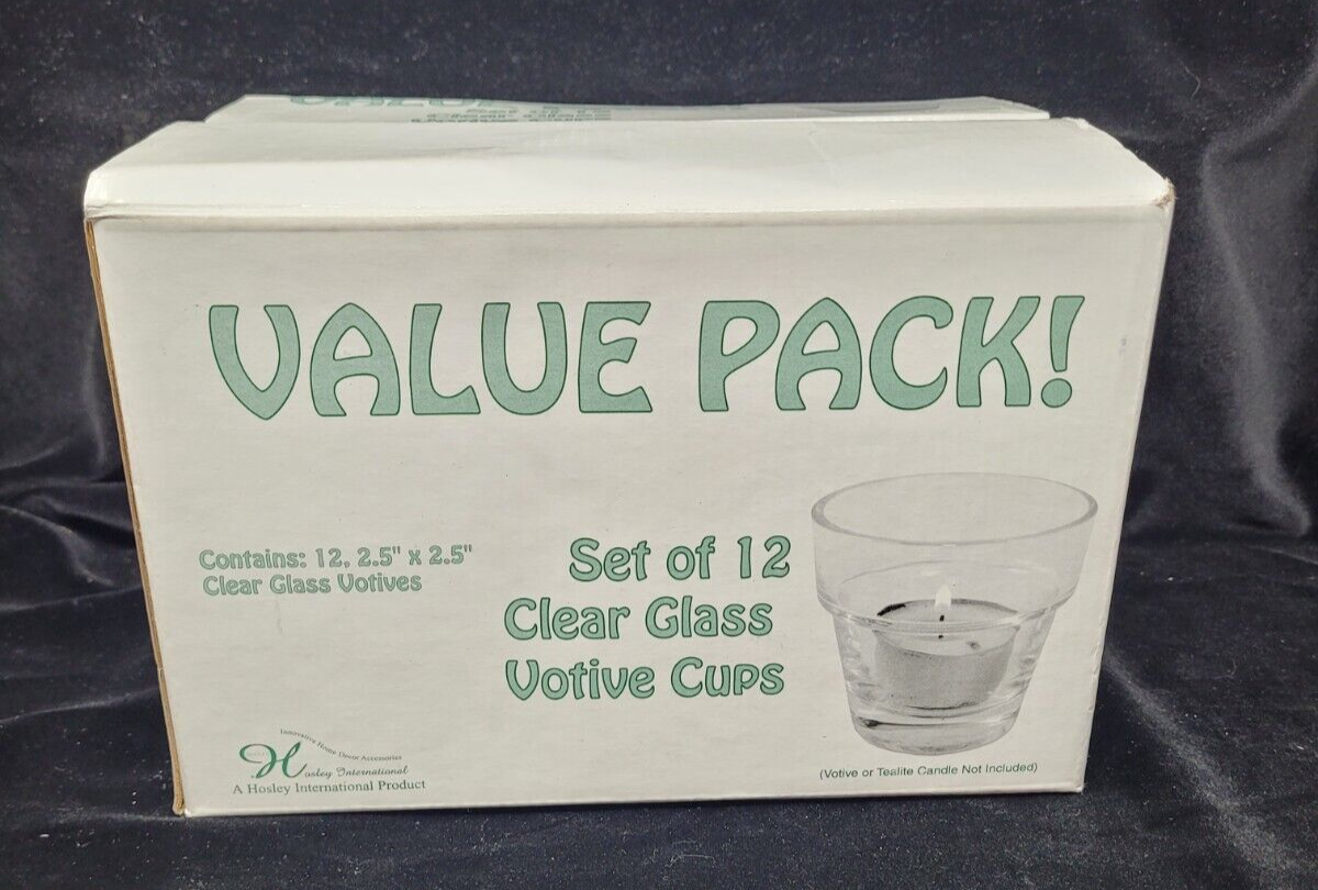 New In Box Set of 12 Candle Holders Clear Glass Votive Cups Tea Lites Style