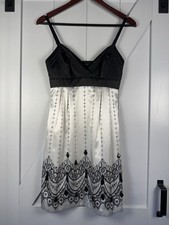 Guess Jeans Y2K Dress Womens 1 Black Ivory Satin Slip Print Hem Spaghetti Strap