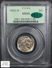 1937 D Buffalo Nickel 5C OGH Old Green Holder PCGS MS 66 CAC