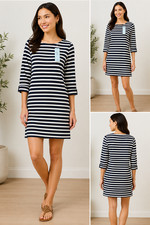 LOFT Blue White Striped Dress Medium Petite 3/4 legnth cuffed sleeve Casual  NWT