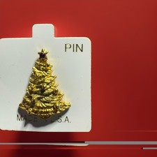 Vintage Christmas Tree Lapel Pin Gold Tone Purple Rhinestone Made in USA NOS C54