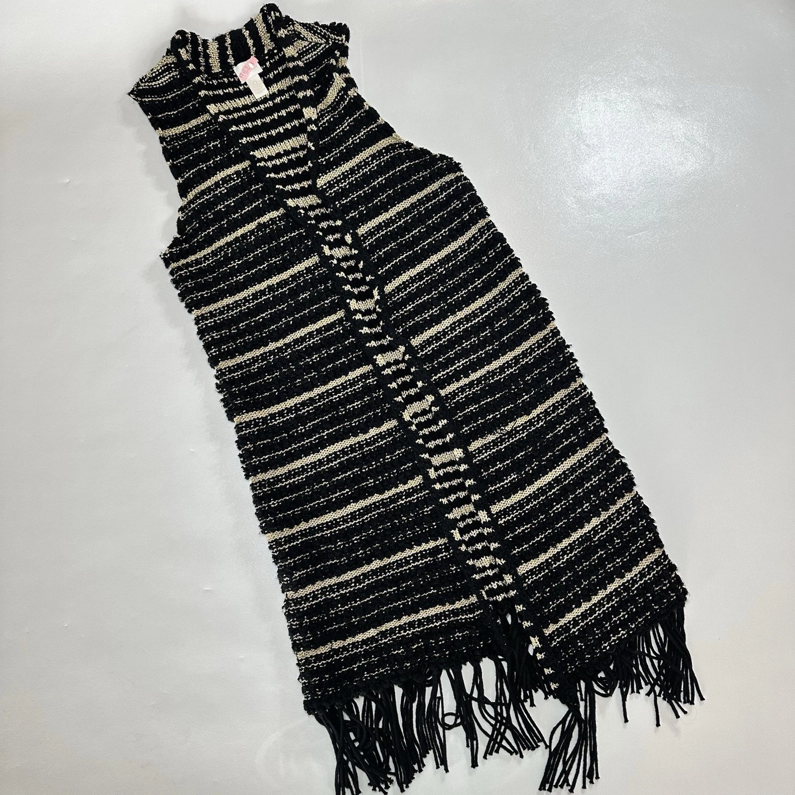 Chico’s Size 0 Black Gold Striped Sleeveless Knit Poncho Sweater Fringe Shimmer