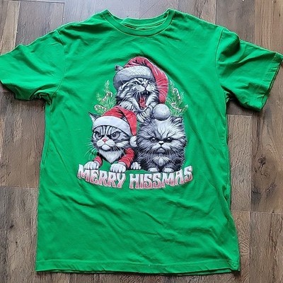 Merry Hissmas  Mad Engine Green Christmas   Tshirt Small Grumpy Looking Cats