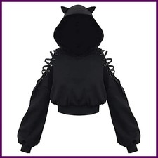 Y2k Gothic Womens Hoodie Cat Ear Crop Top Hooded Sweatshirt Hollow Out Lace