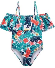 NWT Girls Swimsuit One Piece Floral Hawaiian Ruffle Summer Resort Beach Sz 14