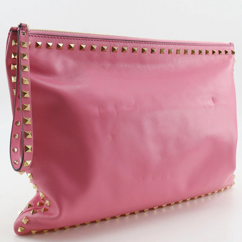 Valentino Rockstud Clutch Bag Pink Leather Zip Top Handbag Women's 40cm Flat