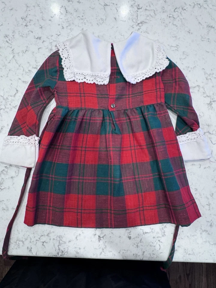 Vestido Polly Flinders Vintage Talla 2T Rojo Verde Cuadros Blanco Encaje Sujetador Calado a Mano Foto 4 de 4