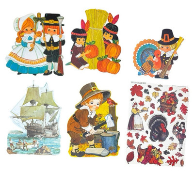 Vintage Hallmark Thanksgiving Die Cut Lot Pilgrims Turkey Mayflower Harvest 6pc
