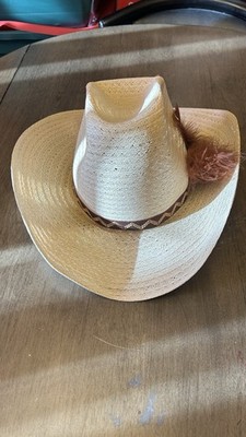 Vintage American Hat Company Straw Cowboy Hat W/ Bangor s Feather Band 7 1/4