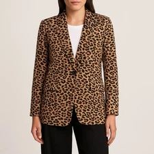 ASTR Blazer Long Open Front Jacket Black & Tan Leopard Animal Print Size Small