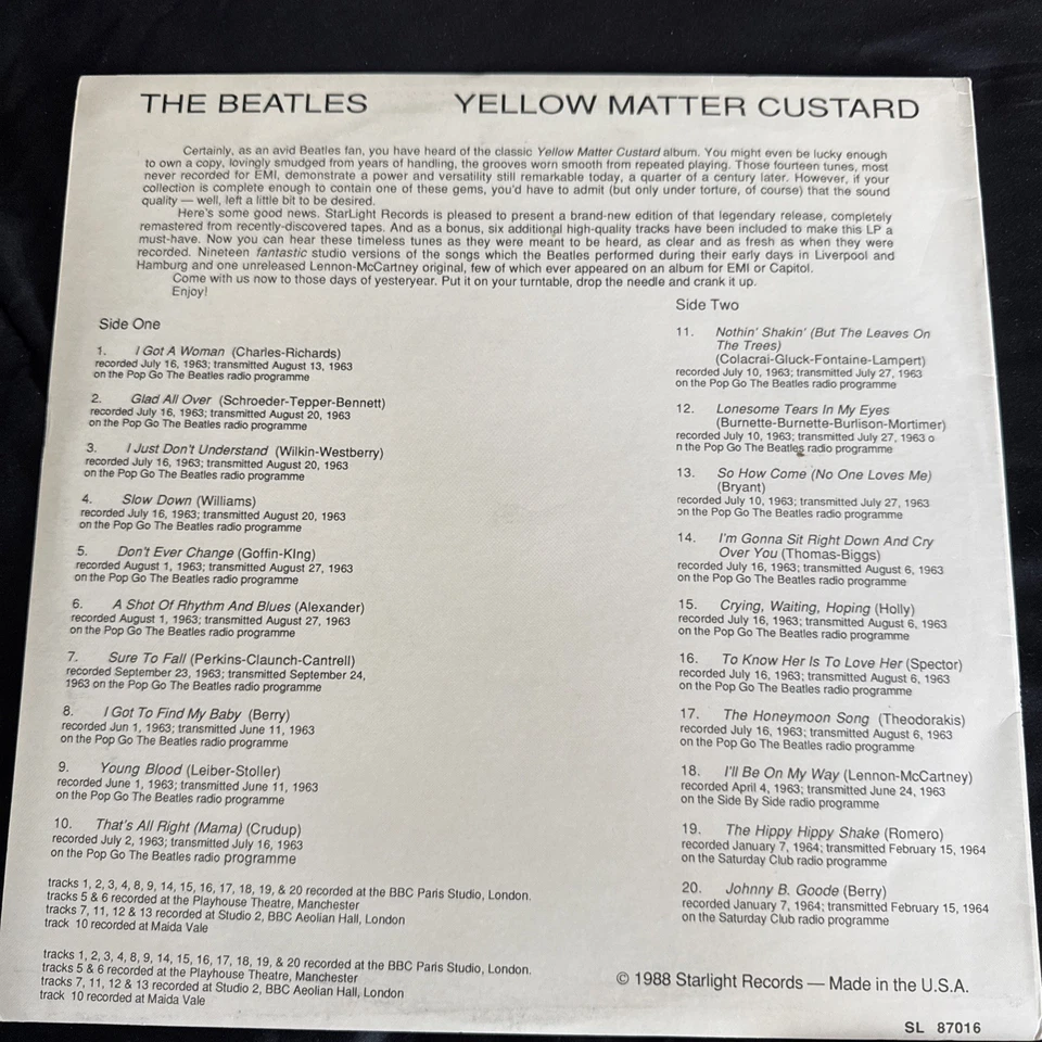Beatles-Yellow Matter Custard Vinyl LP Starlight live import BBC Unique Tracks - Image 2 of 4