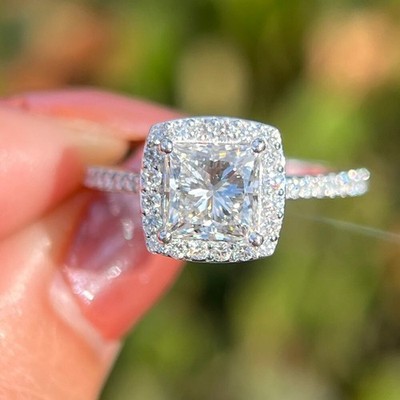 2.24 CTW Princess Cut Moissanite Halo Engagement Ring 14K White Gold Plated