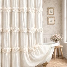 Boho Ruffle Farmhouse Linen Shower Curtain Vintage Cream 72" W x 72" H