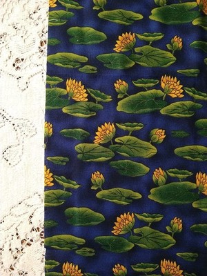 REMNANT Cotton Lily Pads Water Lake Fabric Water Lillies Yellow Blue 33''x13''