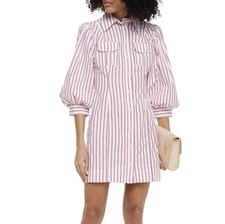 GANNI Balloon Sleeve Striped Cotton Poplin Mini Shirt Dress Red White Size Large