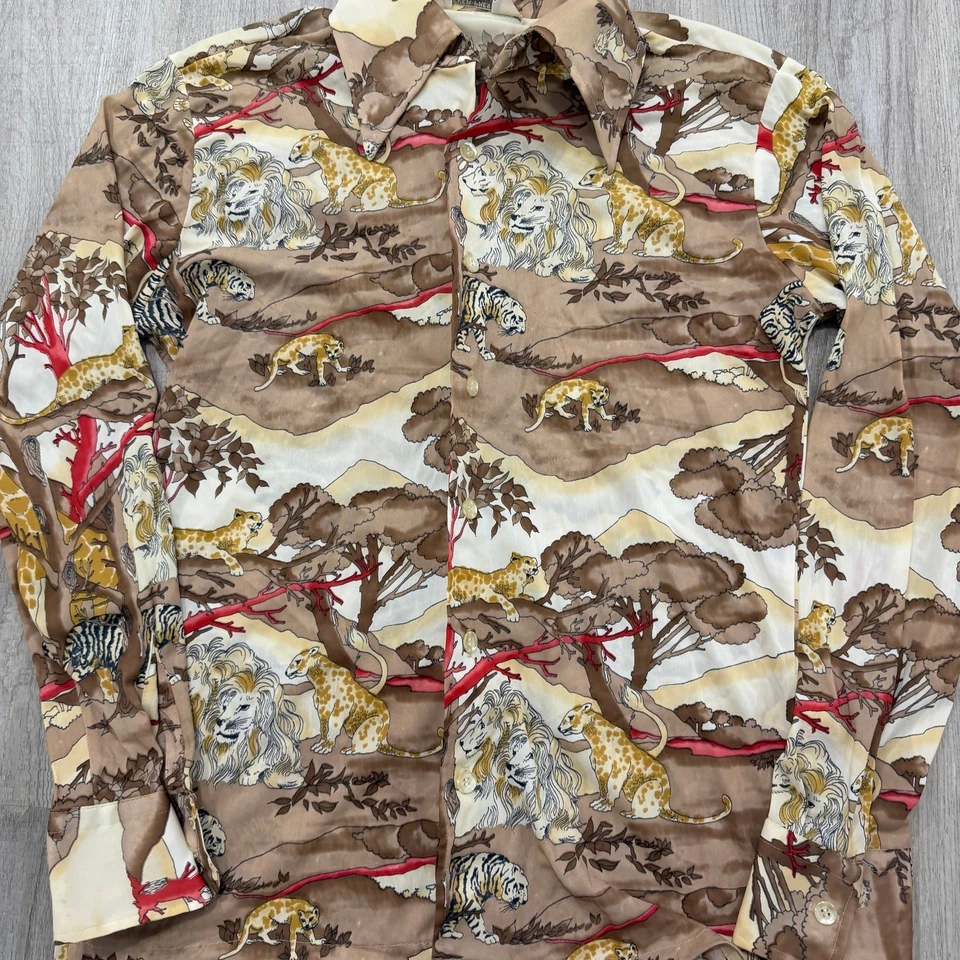 Camisa De Colección Donegal Jungle Cats Para Hombre Mediana Abotonada Años 70 Tiger Lions Disco Foto 2 de 4