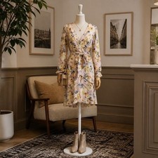 Boohoo Floral Print V-Neck Long Sleeve Ruffle Hem Wrap Dress #1020