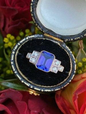 2Ct Emerald Cut Tanzanite Art Deco Women's Engagement Ring 14K White Gold Over