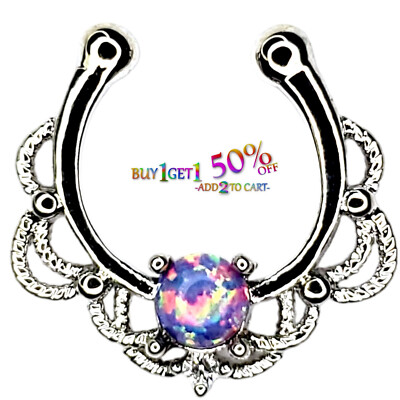 FAUX FAKE SEPTUM CLICKER CZ Clip-On Nose Ring Non-Piercing Hanger Hoop 9101 2