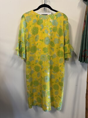 VTG Yellow Floral 1960s Mini Shift Dress Party Mod Medium Sheer Carnaby St MCM