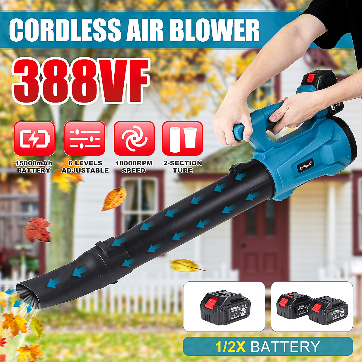 388VF Aspirador Eléctrico Limpiador Y Soplador de Hojas Inalámbrico Con Batería