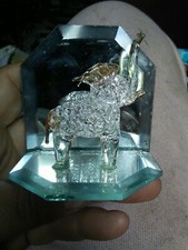 Small Crystal Elephant On Mirrored Stand With Gold Paint On Ears NIB