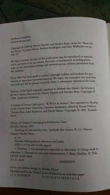 Teaching The Best Practice Way Methods That Matter K 12 By Harvey Daniels And Marilyn Bizar 2004 Paperback Paperback - 