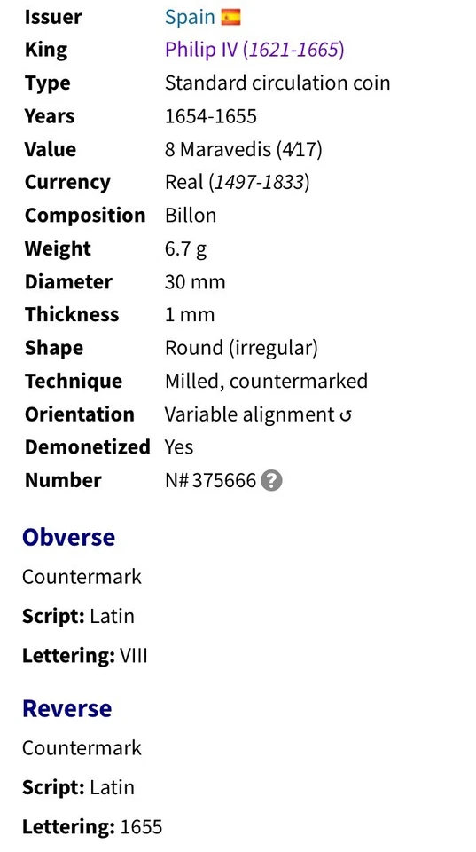 Large 1655 Coin Maravedis Spanish Empire 368 Years Old Pirate Counterstamp - Image 3 of 4