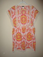 Ladies J Crew Coral Orange Yellow Ikat Crochet Cover Up Dress Size XS