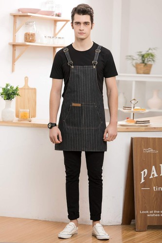 Denim Cross-Back Chef Bib Apron with Pockets for Men and Women Black Stripe - Picture 7 of 8