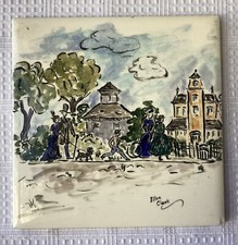 Vintage Ellen Clark Signed Art on Tile, Townscape, Made in USA, 6” x 6”