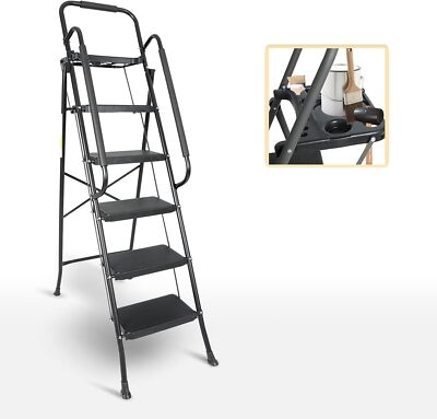 #ad 5 Step Non Slip Stool Ladder with Handrails 330 lbs folding Tool Tray Platform $82.29