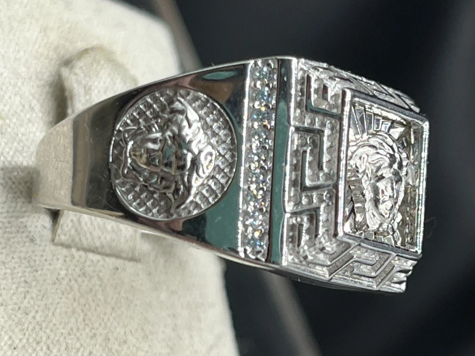 Anillo de plata esterlina con cabeza de Medusa y llave griega para hombre corte talla 12 firmado Foto 3 de 4