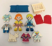 1990 Playskool Flat Folks Boy Girl Dog Snap On Clothing + Misc Vintage LOT