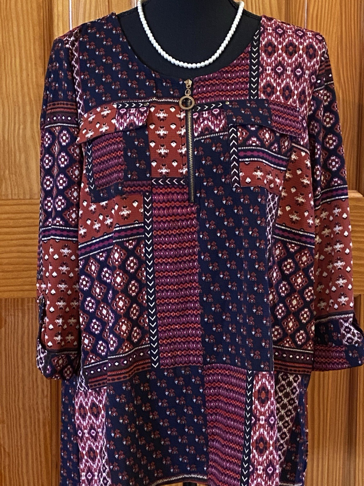 Cathy Elegant Black and Orange Patchwork Blouse S… - image 2