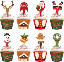 48 Pack Christmas Cupcake Toppers and Wrappers, Snowman Santa Claus Reindeer 