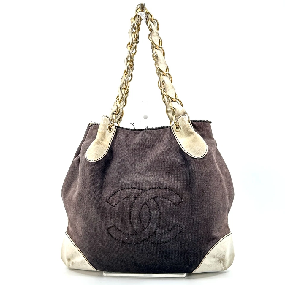 CHANEL Canvas Leather Chain Tote Bag Large Brown Ivory CC Logo Authentic - Image 3 of 4