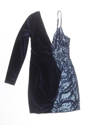 Boohoo Damen blau Größe 8 Samt & Pailletten asymmetrisch figurbetont Kleid