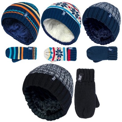 Wärmehalter - Kinder Jungen Winter Fleece gefüttert Thermo Bommelmütze und Fäustlinge Set